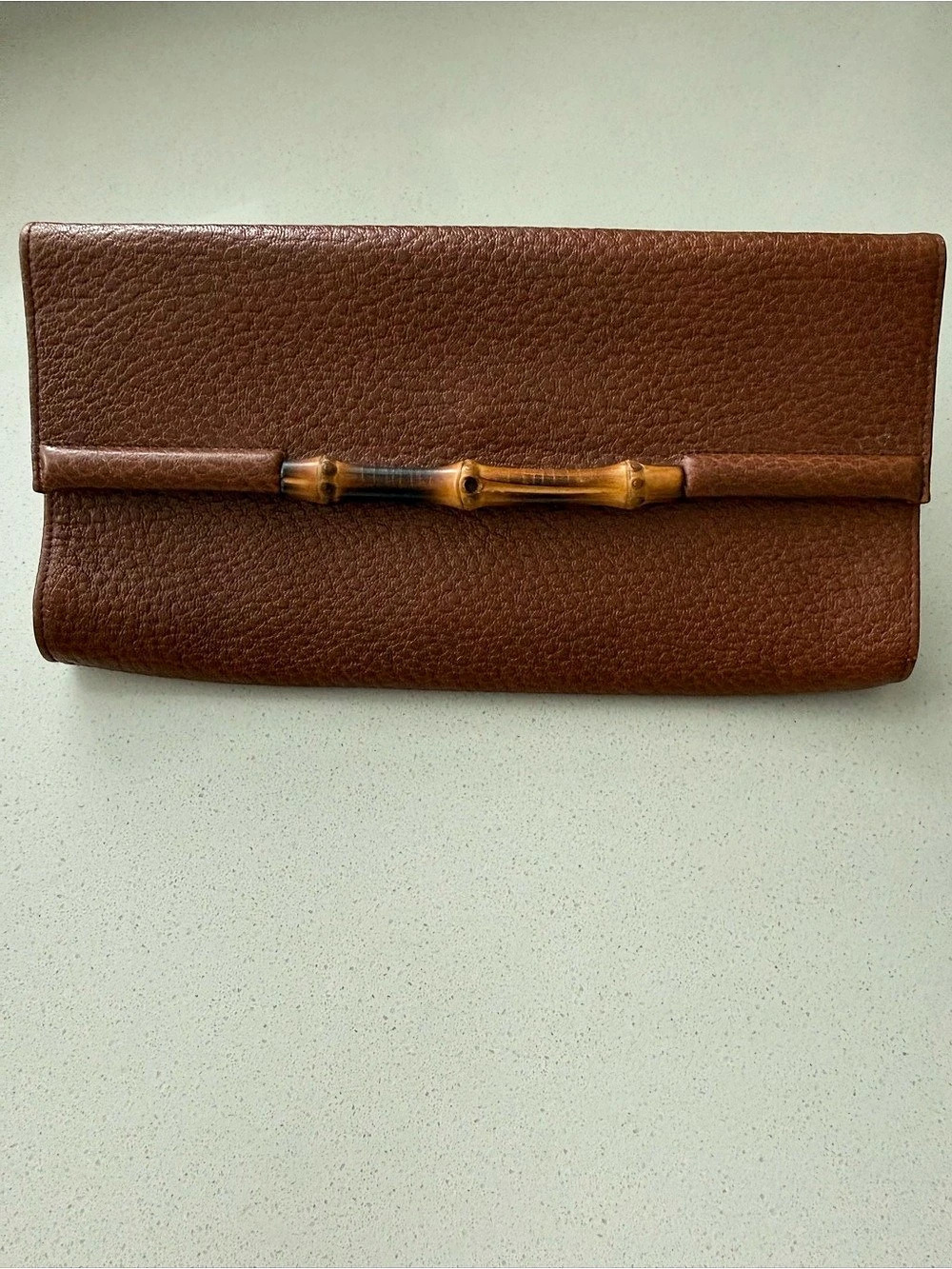 Authentic Vintage GUCCI Brown Grained Leather Bamboo Bar Envelope Clutch Bag